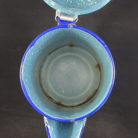 Vintage Blue Spatter Enamelware Coffee Pot Rustic Farmhouse Vase - Picture 5 of 10